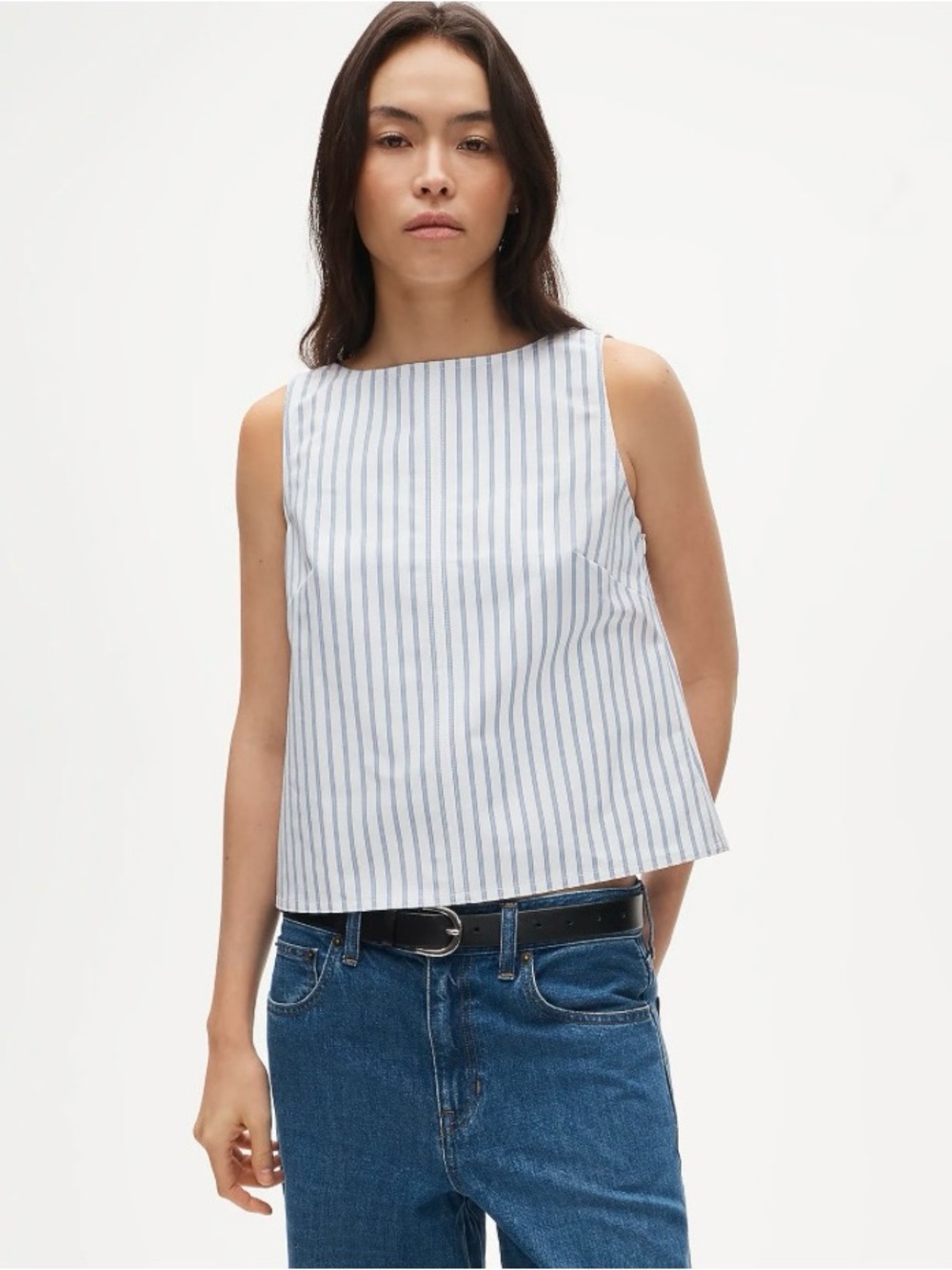 NWT J. Crew Shell Top Tank Striped Double Cotton Poplin White Blue